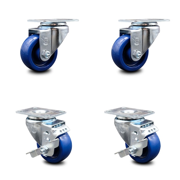 3.5 Inch Solid Polyurethane Wheel Swivel Top Plate Caster Set with 2 Brakes SCC